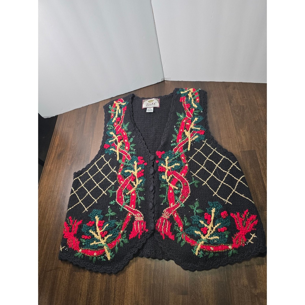 Vintage Tiara International Christmas Sweater Vest Black Embroidered Beaded Med